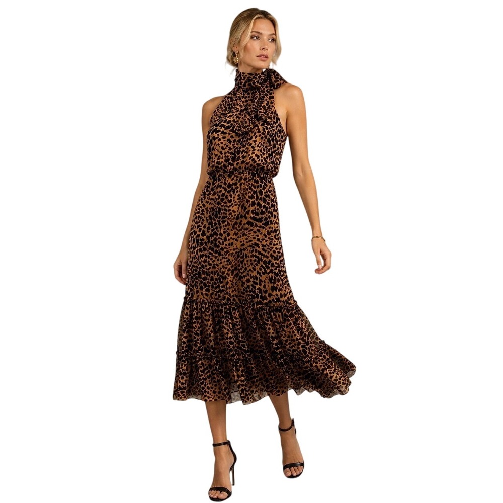 RIXO London Eleanor Leopard Burnout Chiffon Silk Halter Midi Dress Bow Neck‎ S